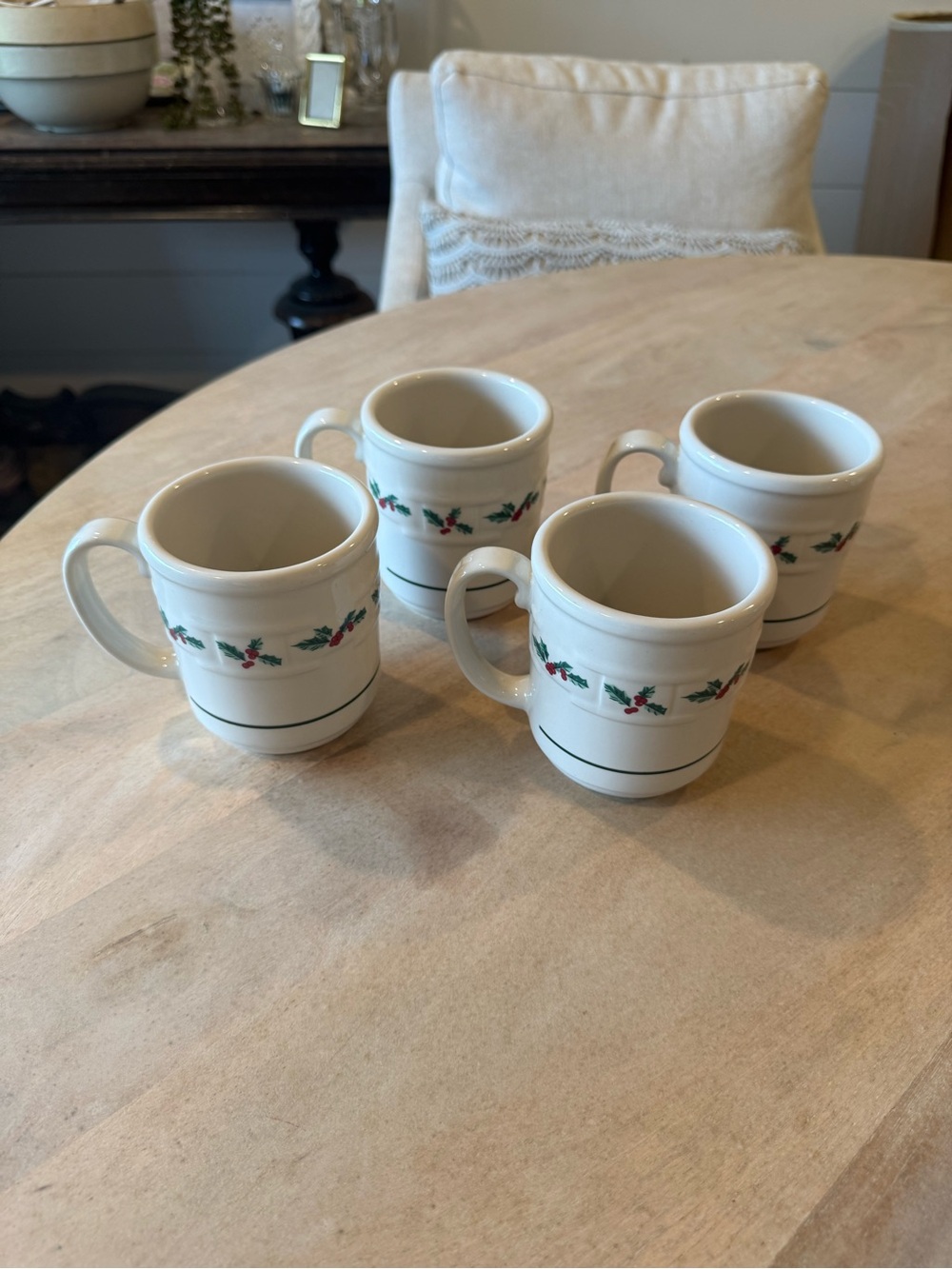 Longaberger White Ceramic Mugs with Green and Red Holly Trim - Set of 4
